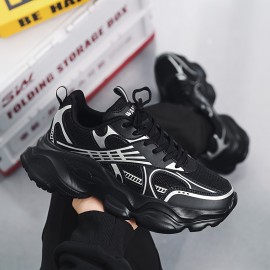 Men'S Fashion Black Platform Sneakers - Breathable Mesh and Durable EVA Sole with Cushioned Insole, Shock-Absorbing Running Shoes for All-Season Casual and Sports Wear, Men'S Low-Top Lace-Up Outdoor Dad Shoes in Black, Outdoor Walking, Active Lifestyle, Sporty Look, Stylish Footwear, Lightweight Construction, Comfortable Fit, Versatile Footwear, Fitness Enthusiasts, Active Men