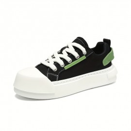 Men'S Summer Casual Low-Top Sneakers - Black & White with Green Accents, Breathable Fabric Lining, Durable Faux Sole, Lace-Up Round Toe Design for Casual Attire, Streetwear Shoes | Trendy Casual Shoes | Comfortable Footwear