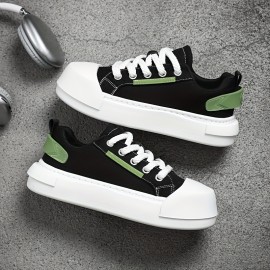 Men'S Summer Casual Low-Top Sneakers - Black & White with Green Accents, Breathable Fabric Lining, Durable Faux Sole, Lace-Up Round Toe Design for Casual Attire, Streetwear Shoes | Trendy Casual Shoes | Comfortable Footwear
