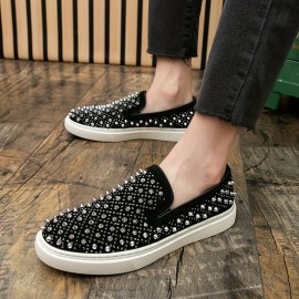 Trendy Men'S Faux Slip-On Sneakers with Sparkling Rhinestones - Stylish Black and White, Low Top, Casual Footwear for Nightlife and Casual Attire, Casual Footwear | Trendy Casual Shoes | Slipon Sneakers