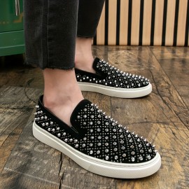Men's Slip-On Rhinestone-Embellished Casual Shoes - Black & White Sparkle Low-Top Sneakers, Durable for Casual Attire & Parties