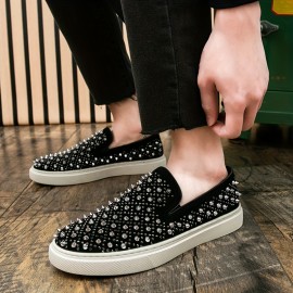 Men's Slip-On Rhinestone-Embellished Casual Shoes - Black & White Sparkle Low-Top Sneakers, Durable for Casual Attire & Parties