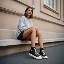 1pc Men's & Women's High-Top Sneakers - Black/White/Star Print (Five-Pointed Star Design) - Lace-Up Round Toe, Breathable Fabric Upper, Cushioned Rubber Sole - All-Season Casual, Gym, Everyday Sneakers - Minimalist Streetwear - Compatible with Men's & Women's (Unisex Fit) - Ideal for Running, Workouts, Formal Events - Versatile Casual Attire - Easy-Clean Design - Available in Black/White/Color Accent Options