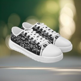 Customizable Black & White Musical Note Canvas Sneakers – Lightweight, Breathable Walking Shoes with Personalized Name Option – Perfect Gift for Music Teachers, Graduates, and Music Lovers, Teacher Appreciation Gift | Artistic Footwear | EVA Cushioned Sole, Fashion Sneakers