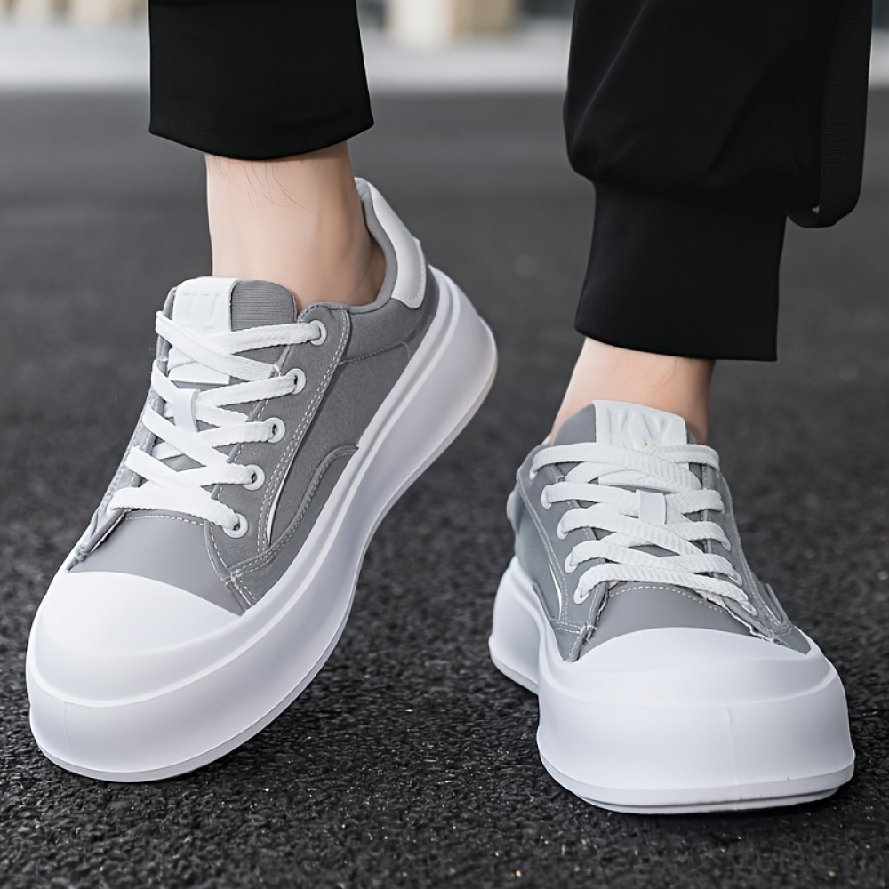 Men's Platform Sneakers - Thick Cushioned Sole Lace-Up Shoes Grey/Black/White/, Breathable Fabric Upper & PU Outsole for Everyday, Office, Formal - Non-Slip Casual Shoes for Men, Everyday Footwear, Modern Footwear, Comfortable Lining, Stylish Footwear, Durable Construction, Office Wear
