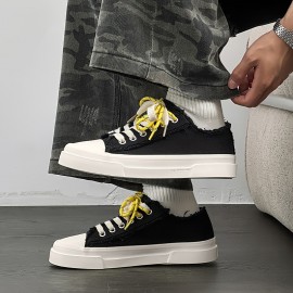 Men's Low-Top Canvas Skate Shoes - Black & White with Yellow Laces, Breathable Fabric Lining & Durable Rubber Sole, Lace-Up Round Toe Casual Sneakers for Streetwear, Sports, Daily Wear - All-Season Comfort