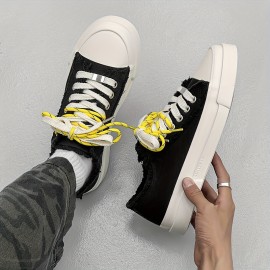 Men's Low-Top Canvas Skate Shoes - Black & White with Yellow Laces, Breathable Fabric Lining & Durable Rubber Sole, Lace-Up Round Toe Casual Sneakers for Streetwear, Sports, Daily Wear - All-Season Comfort