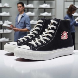 1pc High-Top Canvas Sneakers - Black with White Laces, Floral Pattern, Casual & Sporty Style, All-Season Wear, Lace-Up Closure, Rubber Sole, EVA Insole, Perfect for Hiking, Running & Everyday Use, Casual Footwear | Floral Pattern Sneakers | Durable Footwear