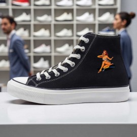 1pc Rockabilly Goddess Print High-Top Sneakers - Retro 50s Pin-Up Design, Non-Slip Rubber Sole & EVA Cushioning, Lace-Up Unisex Casual Shoes for Skateboarding, Outdoor, Gym & Casual Attire - All-Season Comfort (Black)