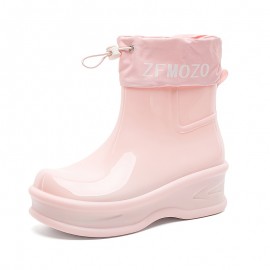 Women'S Chunky Platform Rain Boots with Adjustable Straps - Slip-Resistant PVC Sole, Beige Mid-Calf Outdoor Boots for Rainy Days, Casual & Commuting, Round Toe Design with EVA Cushioned Insole, Rain Gear, Rainy Day Footwear, Minimalist Boot Design, Fabric Lined Interior, Commuting Footwear, Stylish Rainwear, Durable Construction, Slipresistant Footwear, Commuters Rainwear