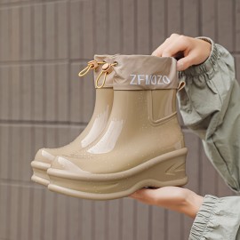 Women'S Chunky Platform Rain Boots with Adjustable Straps - Slip-Resistant PVC Sole, Beige Mid-Calf Outdoor Boots for Rainy Days, Casual & Commuting, Round Toe Design with EVA Cushioned Insole, Rain Gear, Rainy Day Footwear, Minimalist Boot Design, Fabric Lined Interior, Commuting Footwear, Stylish Rainwear, Durable Construction, Slipresistant Footwear, Commuters Rainwear