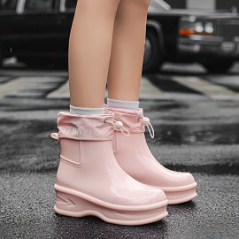 Women'S Chunky Platform Rain Boots with Adjustable Straps - Slip-Resistant PVC Sole, Beige Mid-Calf Outdoor Boots for Rainy Days, Casual & Commuting, Round Toe Design with EVA Cushioned Insole, Rain Gear, Rainy Day Footwear, Minimalist Boot Design, Fabric Lined Interior, Commuting Footwear, Stylish Rainwear, Durable Construction, Slipresistant Footwear, Commuters Rainwear