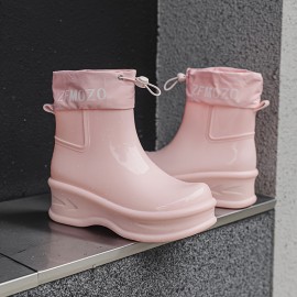 Women'S Chunky Platform Rain Boots with Adjustable Straps - Slip-Resistant PVC Sole, Beige Mid-Calf Outdoor Boots for Rainy Days, Casual & Commuting, Round Toe Design with EVA Cushioned Insole, Rain Gear, Rainy Day Footwear, Minimalist Boot Design, Fabric Lined Interior, Commuting Footwear, Stylish Rainwear, Durable Construction, Slipresistant Footwear, Commuters Rainwear