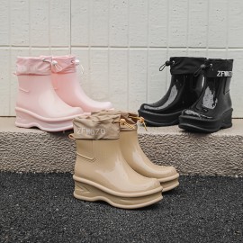 Women'S Chunky Platform Rain Boots with Adjustable Straps - Slip-Resistant PVC Sole, Beige Mid-Calf Outdoor Boots for Rainy Days, Casual & Commuting, Round Toe Design with EVA Cushioned Insole, Rain Gear, Rainy Day Footwear, Minimalist Boot Design, Fabric Lined Interior, Commuting Footwear, Stylish Rainwear, Durable Construction, Slipresistant Footwear, Commuters Rainwear
