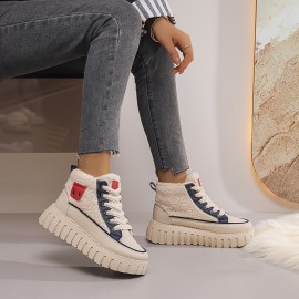 Women'S Winter Boots - High-Top Snow Boots with Thick Platform Sole, Beige/White/Red Accent - Cushioned EVA Outsole for Cold Weather, Slip-Resistant Traction - Warm Ankle Boots for Everyday & Formal Outfits - Easy-Clean Synthetic Cover Upper, Winter Shoes, Seasonal Footwear, Stylish Footwear, Comfortable Lining, Fashionconscious Women