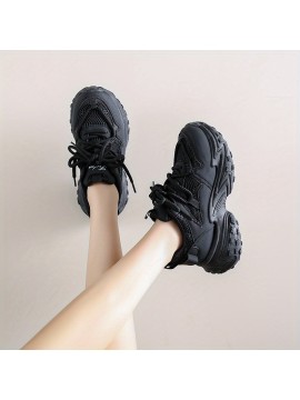 [Chunky Platform Sneakers] Women's Chunky Platform Sneakers - Slip-Resistant Non-Slip Sole, Thick Cushioned Shoes for Height Increase & Everyday Comfort - All-Season Casual Sneakers - Black -like Upper (FB9912) - Ideal for Running, Gym, Office, Casual Attire, Ladies Sneakers, Gym Footwear, Modern Design, Comfortable Fit, Urban Style