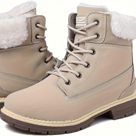 Women's Winter Boots with Collar & Thick PU Sole - Round Toe Snow Boots for Ice, Snow & Slush, Beige/Tan Lacing-Up Ankle Boots, Warm Round-Toe Traction Tires (No Calf Restriction) - Cold Weather Footwear
