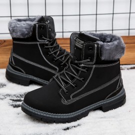 Women's Winter Boots with Collar & Thick PU Sole - Round Toe Snow Boots for Ice, Snow & Slush, Beige/Tan Lacing-Up Ankle Boots, Warm Round-Toe Traction Tires (No Calf Restriction) - Cold Weather Footwear
