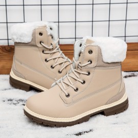 Women's Winter Boots with Collar & Thick PU Sole - Round Toe Snow Boots for Ice, Snow & Slush, Beige/Tan Lacing-Up Ankle Boots, Warm Round-Toe Traction Tires (No Calf Restriction) - Cold Weather Footwear