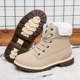 Women's Winter Boots with Collar & Thick PU Sole - Round Toe Snow Boots for Ice, Snow & Slush, Beige/Tan Lacing-Up Ankle Boots, Warm Round-Toe Traction Tires (No Calf Restriction) - Cold Weather Footwear