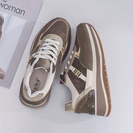 Brown/Beige/Grey/White Women's Lightweight All-Weather Stability Arch Sneaker - Synthetic Fierce Brown/Tan/Grey/Grey-White Traction Tread - Neutral Cushioned PVC Sole - All-Terrain Tread - Lace-Up & Slip-Resistant Outdoor/Running Shoes - All-Season Wear - Synthetic Upper & Arch - Suitable for Hiking, Jogging, Gym - Stability & Comfort Shoes