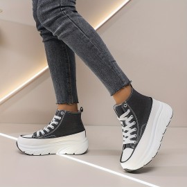 Women'S Platform Wedge Sneakers - Thick Cushioned Sole for Height & Support, All-Season Outdoor Walking Shoes with Synthetic Synthetic Faux Leather Upper, Durable PVC Outsole & EVA Insole - Black & White Casual Sneakers, Ladies Sneakers, Comfortable Footwear, Modern Footwear, Fabric Lined Interior, Supportive Footwear, Sporty Design, Breathable Fabric, Lifestyle