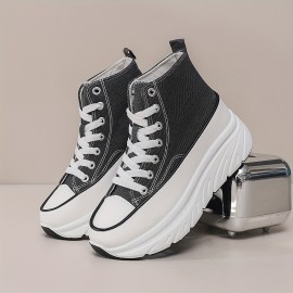 Women'S Platform Wedge Sneakers - Thick Cushioned Sole for Height & Support, All-Season Outdoor Walking Shoes with Synthetic Synthetic Faux Leather Upper, Durable PVC Outsole & EVA Insole - Black & White Casual Sneakers, Ladies Sneakers, Comfortable Footwear, Modern Footwear, Fabric Lined Interior, Supportive Footwear, Sporty Design, Breathable Fabric, Lifestyle