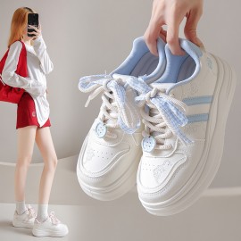 Women's White Sneakers Korean Style Chunky Round-Toe with Pastel Blue Laces & Heart Charm - Upper, Cushioned Insole, All-Season Casual Sports Shoes for School, Streetwear, Everyday Outfits - N8001 Model