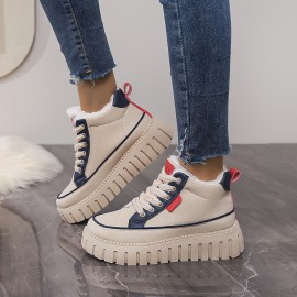 Women's High Quality Winter Snow Boots - Faux Fur Trim & EVA Cushioned Platform Moccasin-Style Lace-Up Ankle Boots with Arch, Multi-Color Options (Beige/Navy/Black/White) - Solid Color with White Laces & Red/Blue Trim, Soft Fabric Lining & Arch for Winter, Solid Upper & EVA Sole, Suitable for Ice & Snow - Casual & Semi-Formal Wear, Winter Boots for Women High Quality, Shiny Black Winter Boots with Beige Plush Lining Women, Snow Shoes, Lightweight Winter Shoes for Women,