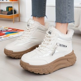 Women's Chunky Platform High-Top Winter Boots - Thick-Sole Lift, Warm Faux & PVC Traction Tread, Round Toe All-Terrain Shoes for, Snow, Casual Wear - Brown/Black (Easy-Clean Fabric)