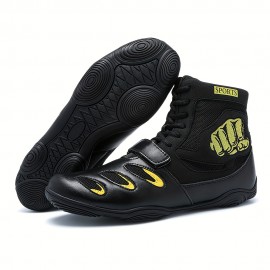 [Boxing Shoes] Breathable High-Top Boxing Training Shoes | Non-Slip Rubber Sole, Lace-Up Sports Boots for Gym & Martial Arts - Black with Red Accents