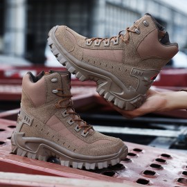 Men's All-Season Heavy-Duty Outdoor Hiking Boots with Thick Sole, Rugged Traction Tread & Muck-Resistant Design - Beige/Tan Mid-Calf Trekking Boots for Camping, Hunting,, (Adjustable, All-Terrain)