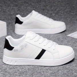 Men's Low-Top Sneakers - Minimalist White Casual Shoes, Non-Marking Cushioned PU/Rubber Sole for Gym, Everyday & Formal Wear - Breathable Sneakers Compatible with Men's Clothing, Geometric Pattern Design, Durable Traction Footwear