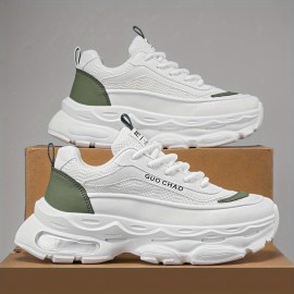 Men's Sneakers - White/Green Accents, Breathable Running Shoes with Thick Cushioned Sole, PU/Rubber Outsole for Gym, Jogging, Everyday - Low-Top Design for Secure fit & All-Day Comfort, Gym Footwear, Geometric Pattern, Supportive Insole, Lightweight Sneakers, Fitness Enthusiasts