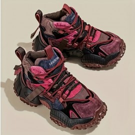 Men's Retro Color Block Running Shoes - Breathable, Non-Slip Athletic Sneakers with Rugged Tread for Hiking, Casual & Outdoor Wear - Purple, Gray & Brown Design, Versatile Running Shoes | Street Style Shoes | Robust PVC Sole