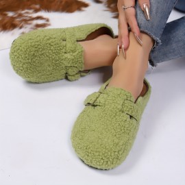 Women'S Cozy Fleece Slippers with Adjustable Thick Sole - Soft, Warm, and Comfortable for Indoor Use, Green, Minimalist Design, Rubber Sole, Hand Washable, Winter Footwear | Minimalist Slippers | Rubber Sole Slippers