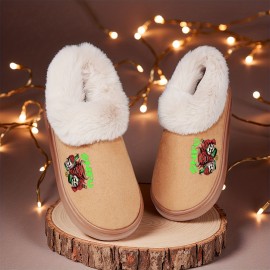 Women'S & Men'S Plush Indoor Slippers - Soft Anti-Slip Winter House Shoes with Devil Horns & Green Text, Cozy Plush Lining & EVA Sole