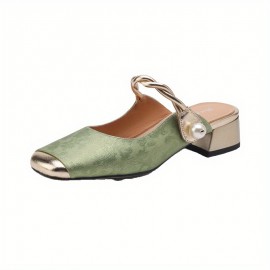 Women's Elegant EVA Mules Slippers - Solid Green Round-Toe Closed-Toe Half Slippers with Golden Buckle & Accent, Medium Thick Cushioned Insole, All-Season Indoor/Outdoor Shoes for Casual & Formal Events (Hand Washable) - Comfortable & Durable EVA Material, Versatile for Everyday or Formal Wear, Available in Green & More Colors, Ideal for Women's Fashion Footwear