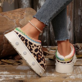 [Leopard House Slippers] Women's Cozy Fleece Slippers | Warm Winter Boots with Thick Rubber Sole, Soft Fabric Lining, Colorful Accents | Stylish Slipon Boots for Home or Outdoor