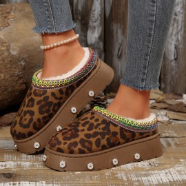 [Leopard House Slippers] Women's Cozy Fleece Slippers | Warm Winter Boots with Thick Rubber Sole, Soft Fabric Lining, Colorful Accents | Stylish Slipon Boots for Home or Outdoor