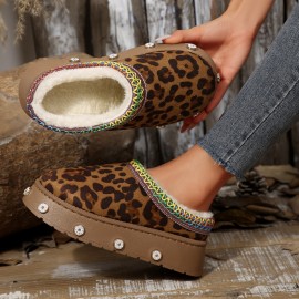 [Leopard House Slippers] Women's Cozy Fleece Slippers | Warm Winter Boots with Thick Rubber Sole, Soft Fabric Lining, Colorful Accents | Stylish Slipon Boots for Home or Outdoor