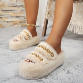 [Plush Slippers] Comfortable Women's Plush Slippers with Thick Sole | Black Faux Fur Slip-Ons, Golden Chain Detail, All-Season Indoor/Outdoor Use, Casual Style, Decorative Chain Detail, House Slippers