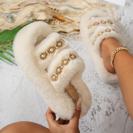 [Plush Slippers] Comfortable Women's Plush Slippers with Thick Sole | Black Faux Fur Slip-Ons, Golden Chain Detail, All-Season Indoor/Outdoor Use, Casual Style, Decorative Chain Detail, House Slippers