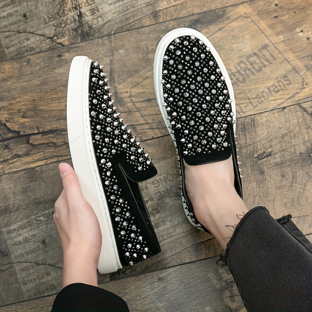 Trendy Men'S Faux Slip-On Sneakers with Sparkling Rhinestones - Stylish Black and White, Low Top, Casual Footwear for Nightlife and Casual Attire, Casual Footwear | Trendy Casual Shoes | Slipon Sneakers