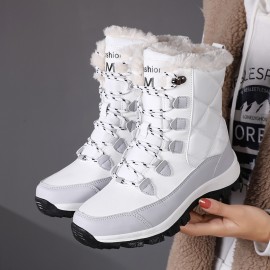 Women's Winter Snow Boots with Plush Collar & TPR Sole - Heavy-Duty Cold-Resistant Round-Toe Hiking Shoes, White & Black for Ice Traction, Warm Trekking Boots for Ice Skating, Snow Walking (Fashionable Outdoor Foot