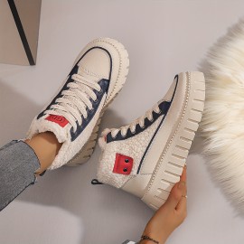 Women'S Winter Boots - High-Top Snow Boots with Thick Platform Sole, Beige/White/Red Accent - Cushioned EVA Outsole for Cold Weather, Slip-Resistant Traction - Warm Ankle Boots for Everyday & Formal Outfits - Easy-Clean Synthetic Cover Upper, Winter Shoes, Seasonal Footwear, Stylish Footwear, Comfortable Lining, Fashionconscious Women