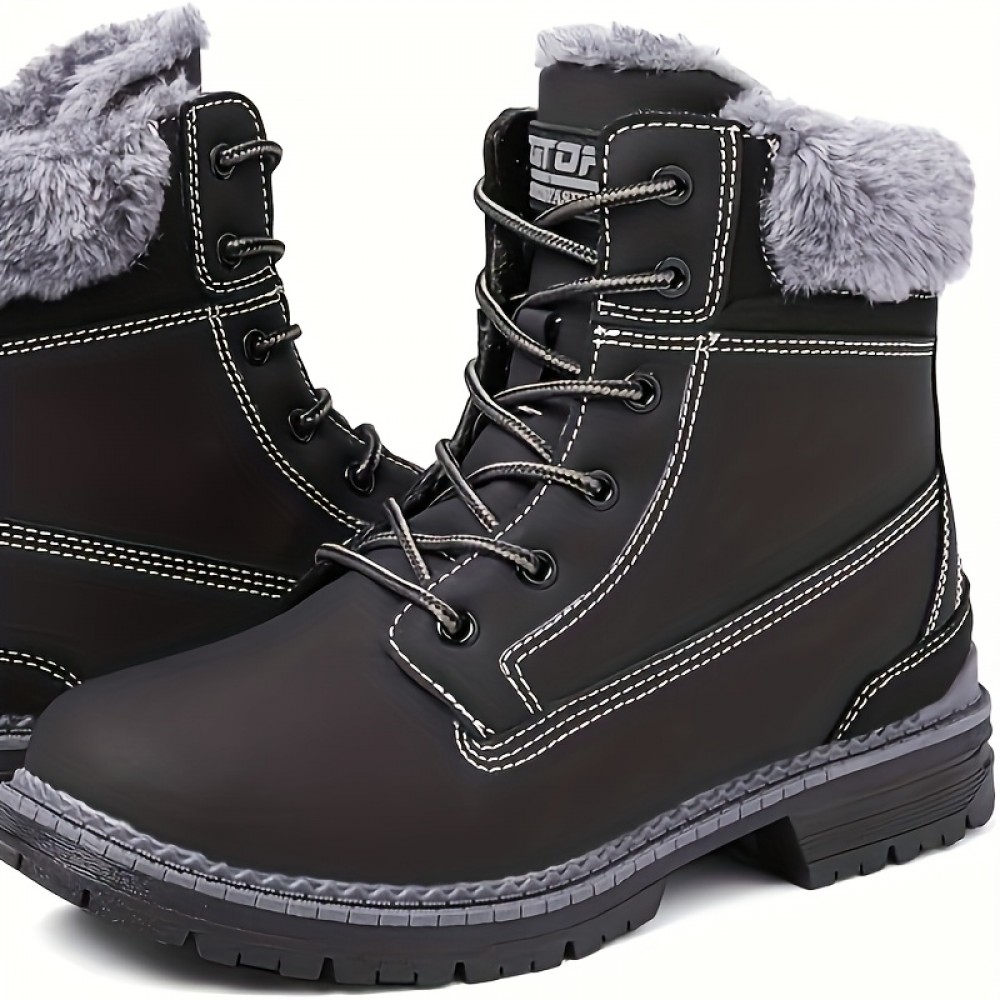Women's Winter Boots with Collar & Thick PU Sole - Round Toe Snow Boots for Ice, Snow & Slush, Beige/Tan Lacing-Up Ankle Boots, Warm Round-Toe Traction Tires (No Calf Restriction) - Cold Weather Footwear