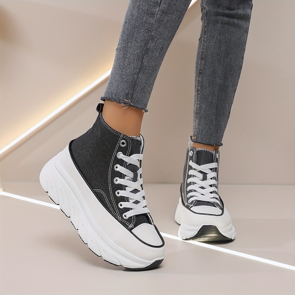 Women'S Platform Wedge Sneakers - Thick Cushioned Sole for Height & Support, All-Season Outdoor Walking Shoes with Synthetic Synthetic Faux Leather Upper, Durable PVC Outsole & EVA Insole - Black & White Casual Sneakers, Ladies Sneakers, Comfortable Footwear, Modern Footwear, Fabric Lined Interior, Supportive Footwear, Sporty Design, Breathable Fabric, Lifestyle