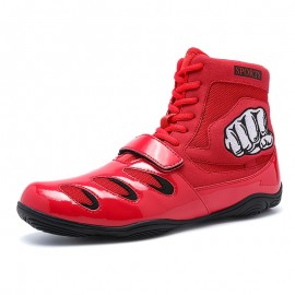 [Boxing Shoes] Breathable High-Top Boxing Training Shoes | Non-Slip Rubber Sole, Lace-Up Sports Boots for Gym & Martial Arts - Black with Red Accents