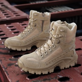 Men's All-Season Heavy-Duty Outdoor Hiking Boots with Thick Sole, Rugged Traction Tread & Muck-Resistant Design - Beige/Tan Mid-Calf Trekking Boots for Camping, Hunting,, (Adjustable, All-Terrain)